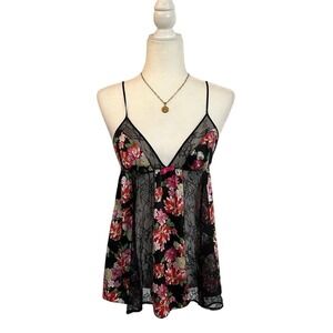 Vintage Victoria's Secret Floral Lace Babydoll Slip Dress Black Pink Red Med